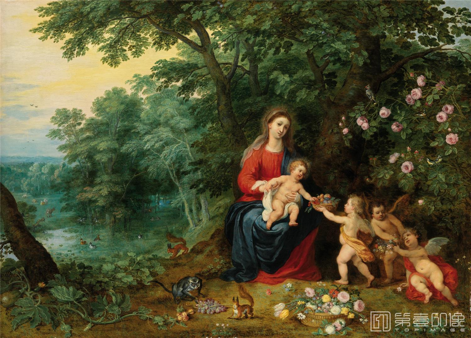 油画-列支敦士登皇家美术馆-Jan Brueghel the YoungerLandscape with the Virgin and Child with Puttic-246